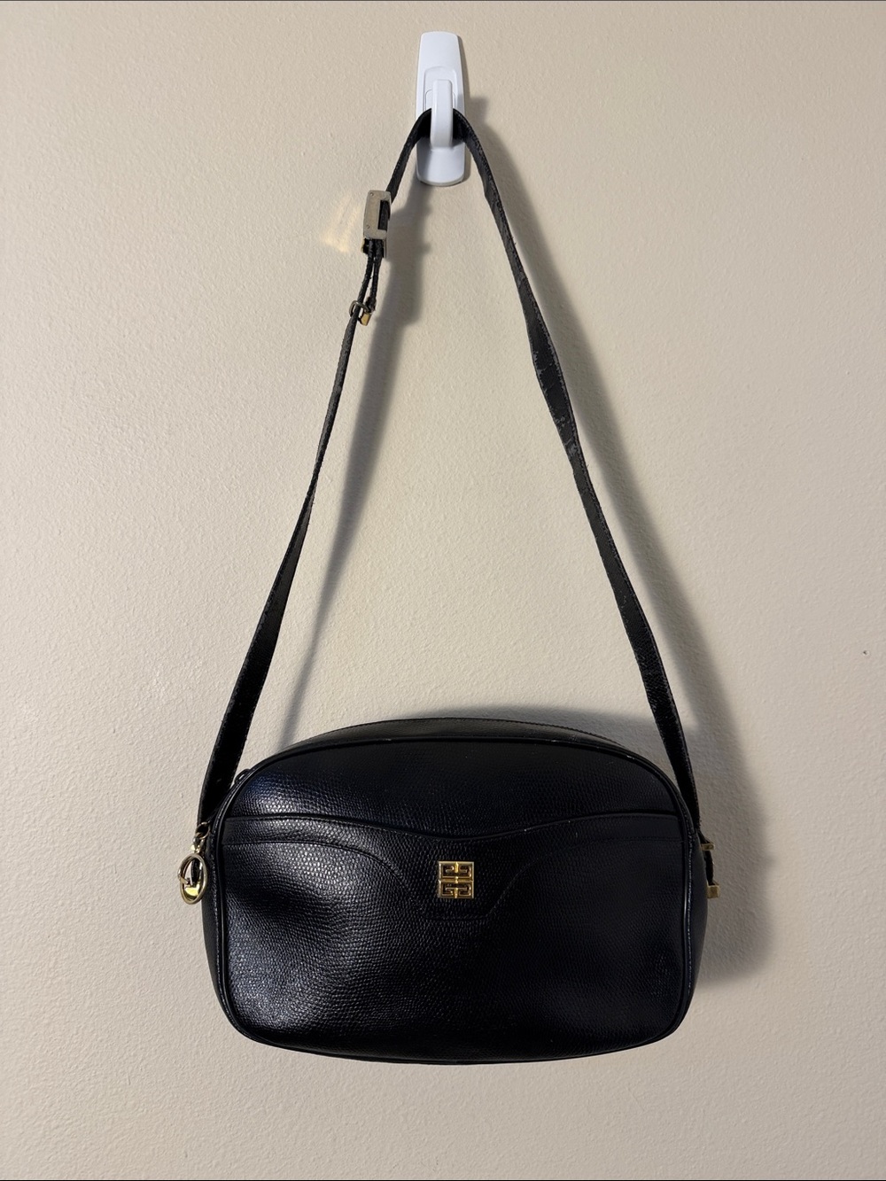 Vintage Givenchy Black Leather Crossbody Bag with Gold Accents